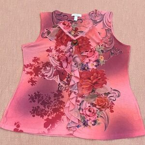 Adorned Pink Floral Ruffle Blouse with red brooch front
